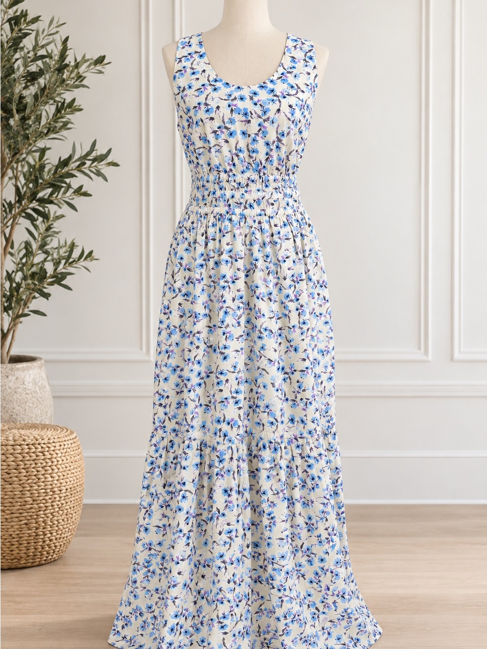 Something Navy White Maxi Dress with Blue Floral Print